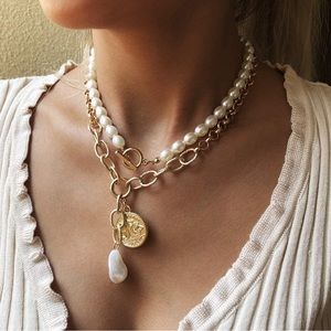 Pearl Layered Necklace with Coin and Pearl OT Toggle